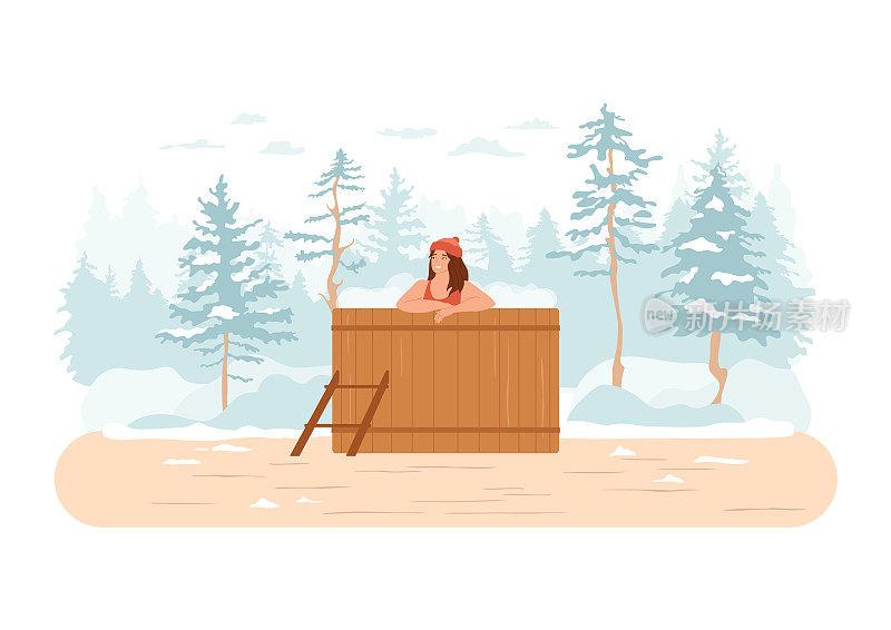 女子在冬季森林里洗热水澡。