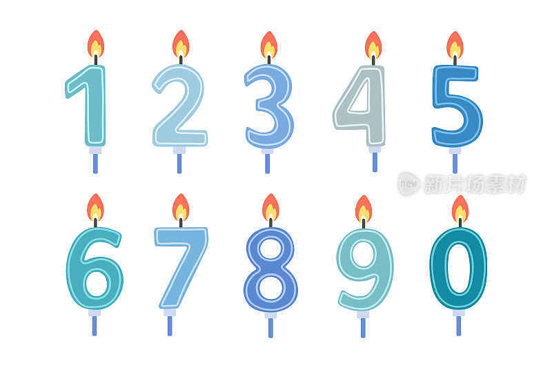 一套生日快乐蜡烛数字。蓝色的颜色。矢量平面设计插图。