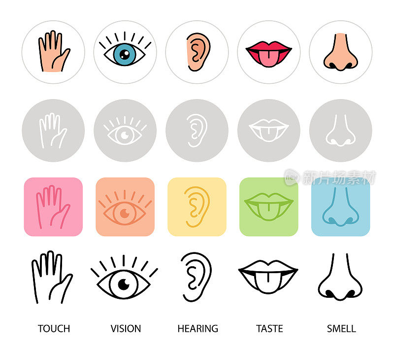 人类的感情。五感矢量插图。嘴唇，手，鼻子，眼睛和耳朵图标。嗅觉，触觉，听觉，感官和味觉都是象形图