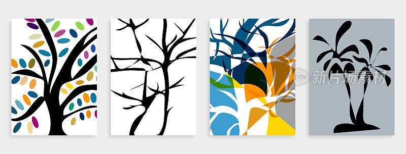 矢量手绘树植物图案卡片旗帜抽象创意通用艺术模板背景。套装适用于海报、名片、邀请函、传单、封面、横幅、海报、宣传册等平面设计