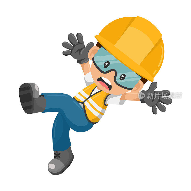 产业工人个人防护装备滑倒或摔倒。工作中的工业安全和职业健康