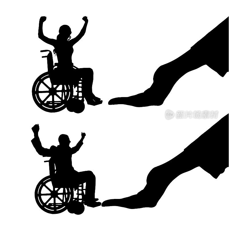 一个雇主的大手的剪影雇用一个快乐的残疾妇女和男子在轮椅上。矢量剪影