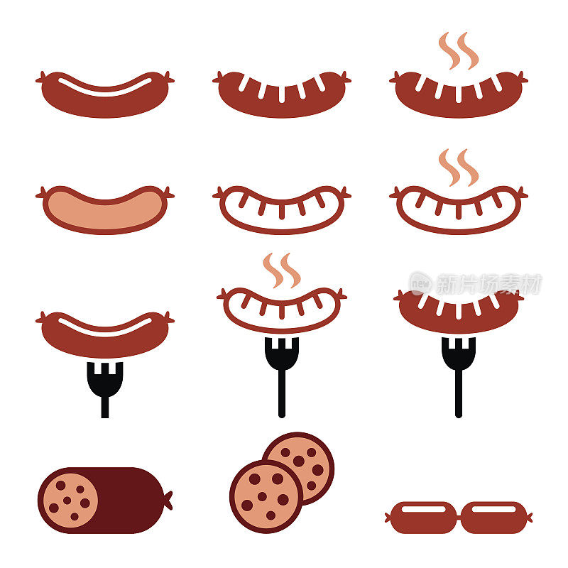 香肠，烤，叉彩色图标设置