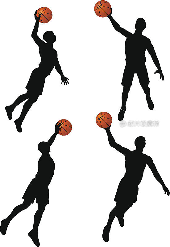 篮球运动员在扣篮位置剪影集合