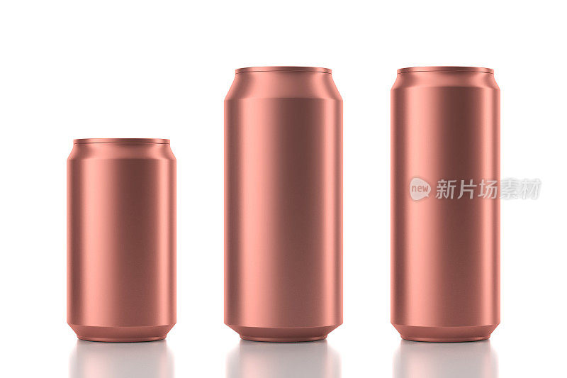 三个不同尺寸的铝罐模型铜颜色。三维渲染