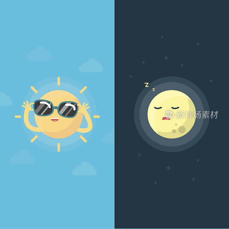 快乐的太阳和月亮，白天和晚上的概念，矢量插图。