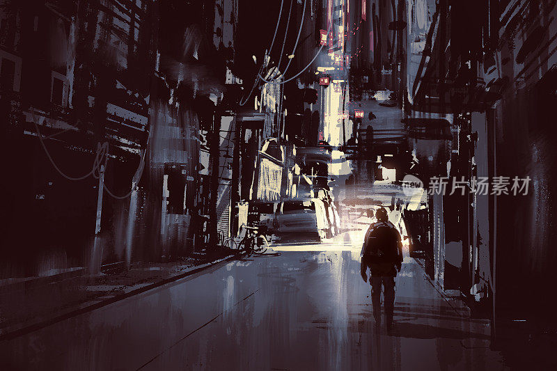 在黑暗的城市里独自行走的人