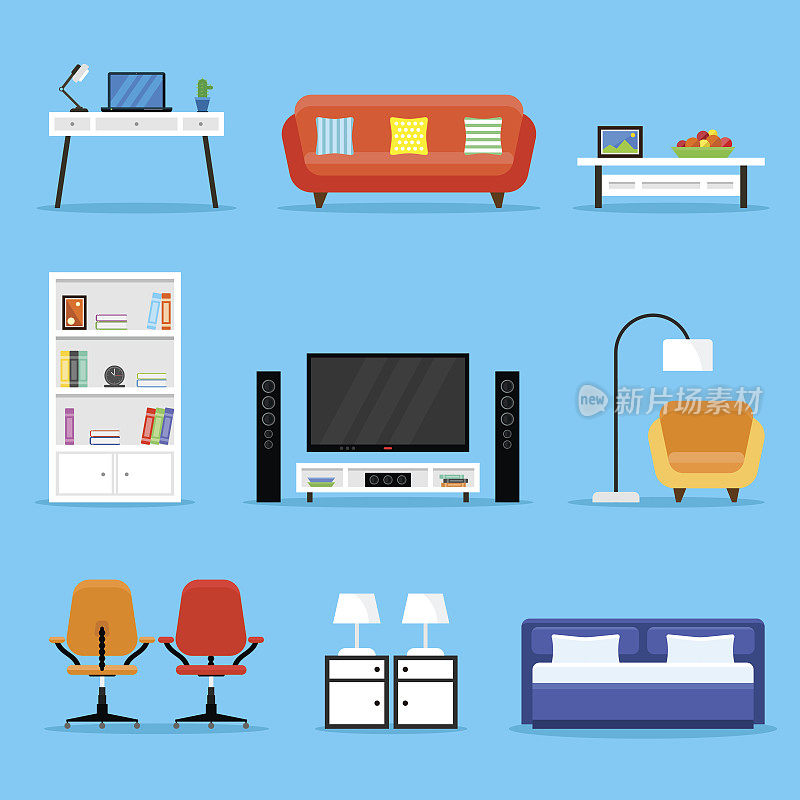 家具和电器图标设置在一个平面设计