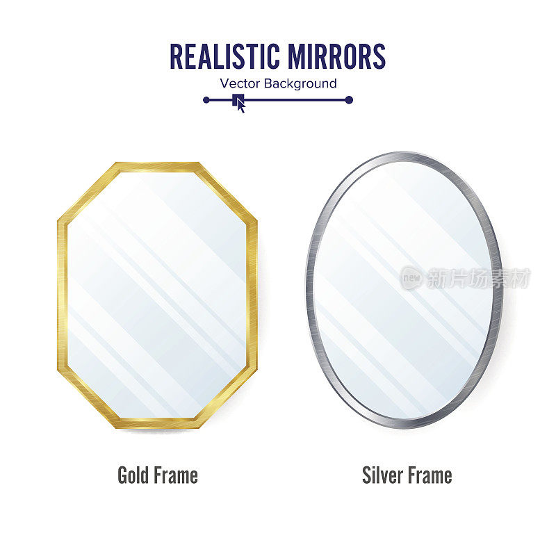 现实的镜子设置向量。镜子框架或镜子装饰室内插图