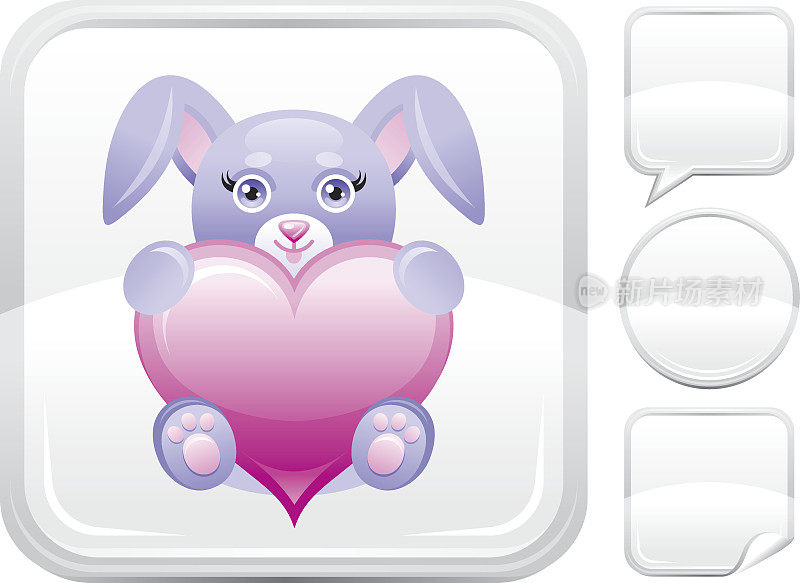 毛绒兔子与心形图标上的银按钮