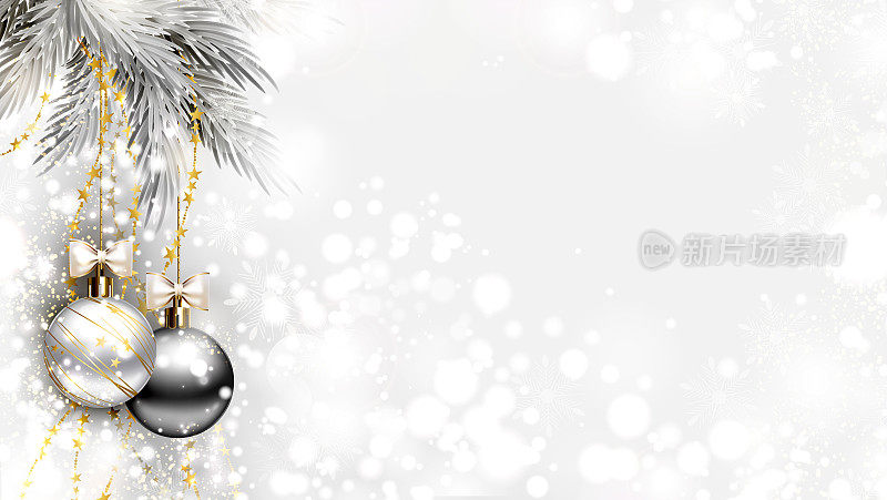 用银色的晚会球照亮圣诞背景