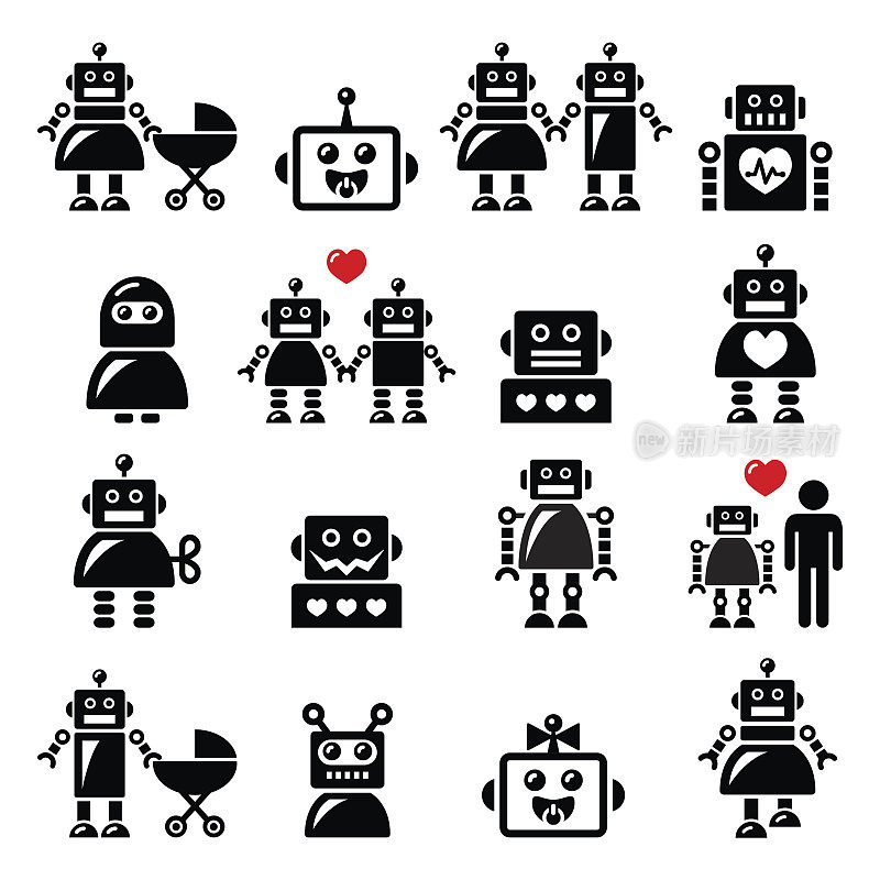 机器人家庭，女性，婴儿机器人图标集
