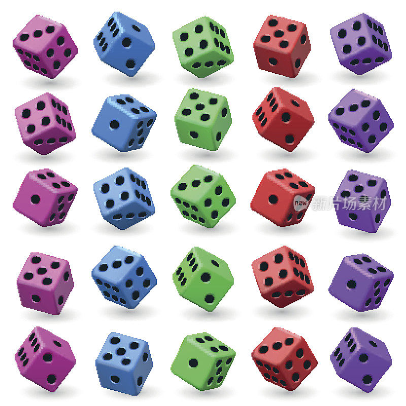 玩骰子向量集。3d立方体与数字棋盘赌场游戏