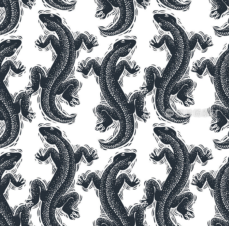 爬虫类矢量无缝图案，蜥蜴俯视图连续背景。用于图形设计的雨林动物壁纸。