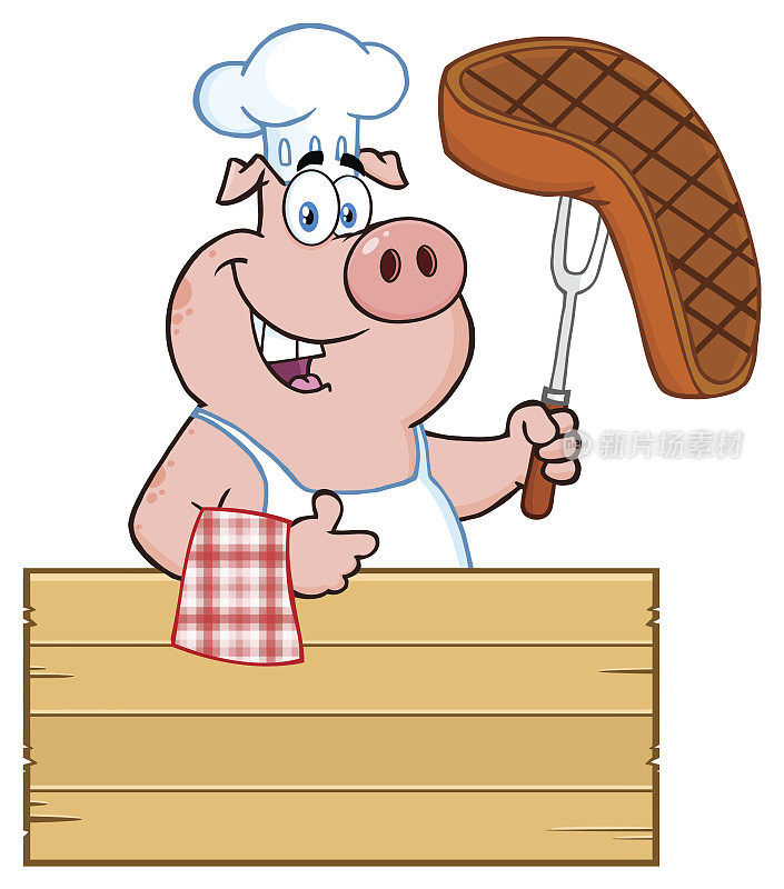 卡通吉祥物猪大厨拿着烧烤叉上的熟牛排，竖着大拇指