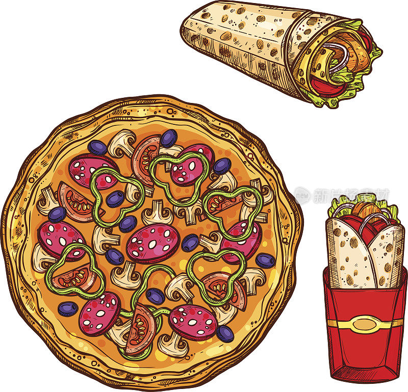 快餐披萨，玉米煎饼矢量素描图标