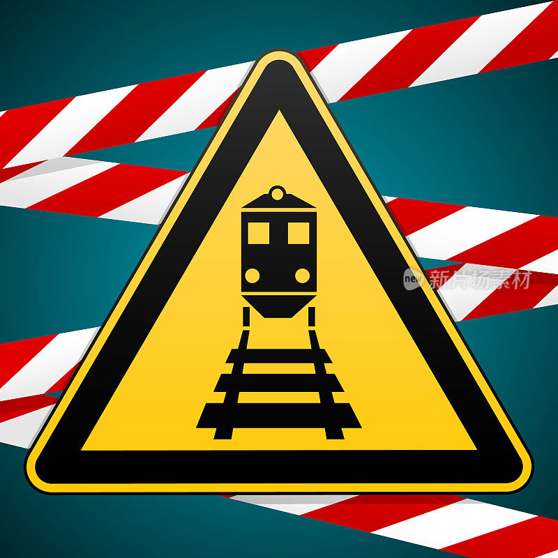 小心火车警告标志和警示牌。矢量插图。