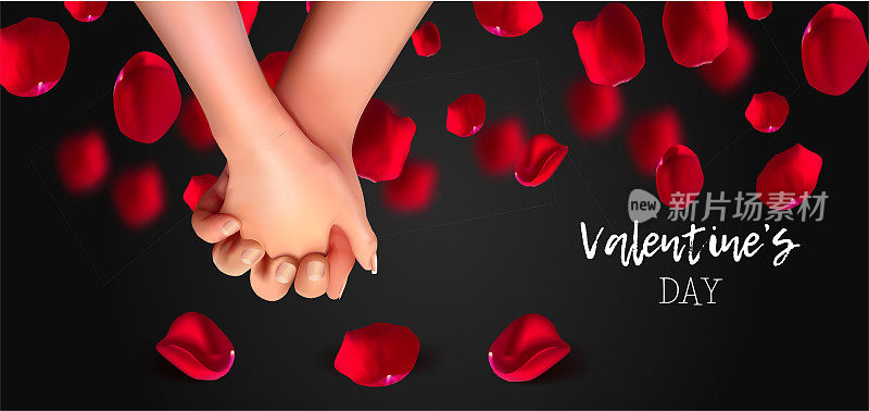 现实的手的情人和玫瑰花瓣顶视图孤立的黑色背景。爱和友谊。3月8日情人节3d插画。矢量图
