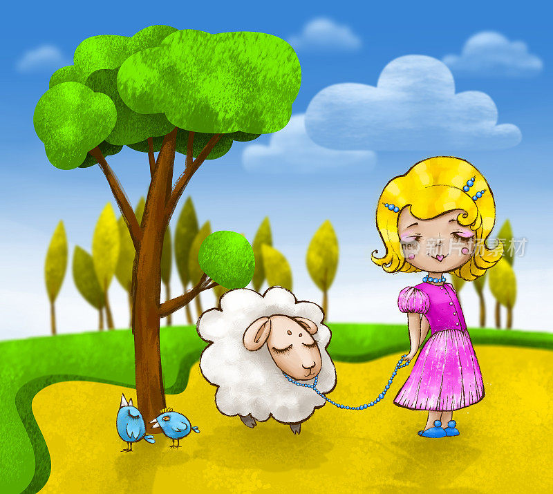 可爱的小女孩带着一只小羊羔和两只蓝鸟去散步。插图