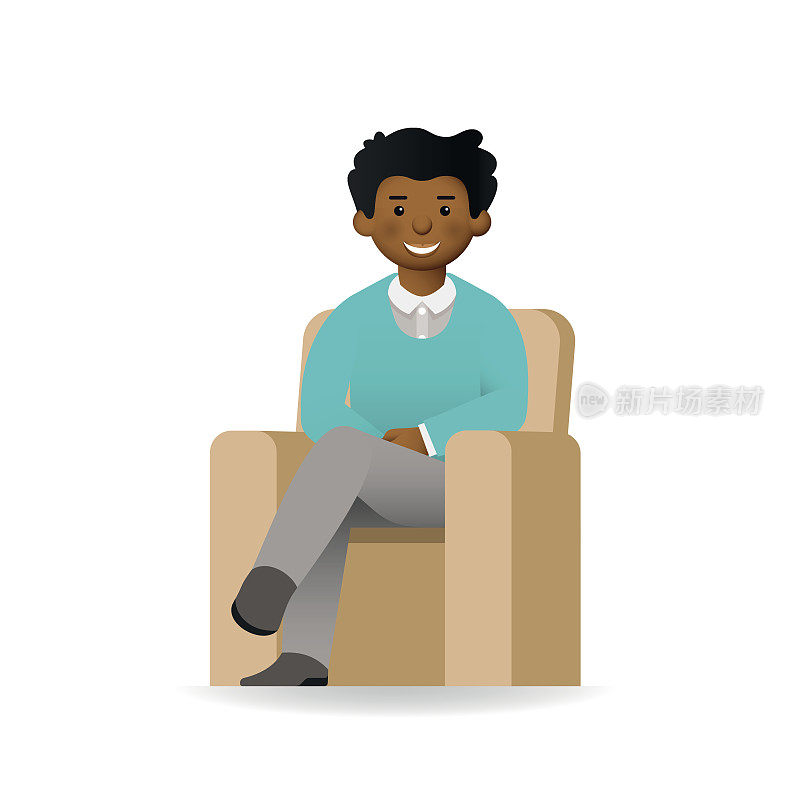 厚脸皮的非洲人在毛衣和衬衫摆姿势。坐在椅子上。