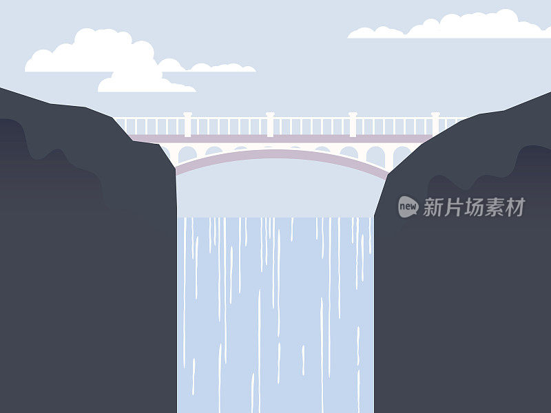 高桥之间的山与瀑布