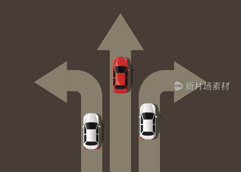 汽车在不同的方向行驶。领导的概念。成功之路。
