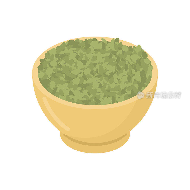 绿扁豆在木碗中孤立。木碟中的格栅。白色背景上的纹理。矢量图