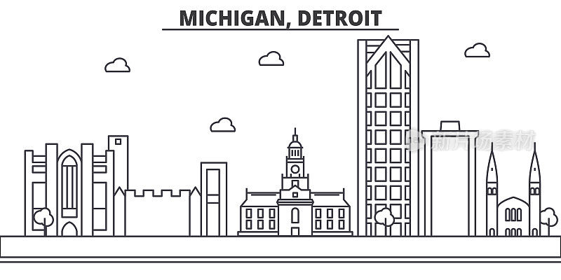 密歇根，底特律建筑线天际线插图。线性向量的城市景观与著名的地标，城市景观，设计图标。风景与可编辑的笔触