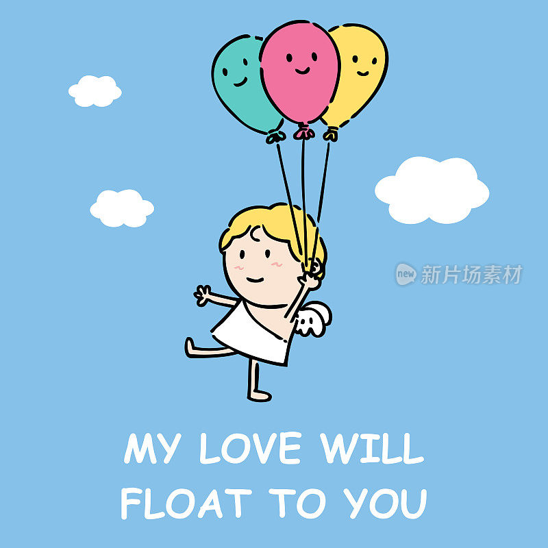 卡通可爱的丘比特在空中举着气球，向量