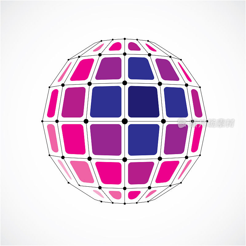 三维向量低多面球对象与黑色连接的线和点，几何紫色线框形状。用方块创建的透视图球体。