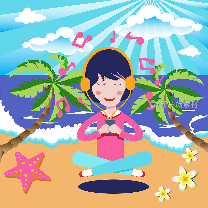 快乐女孩戴着耳机在海边的沙滩上听音乐。
