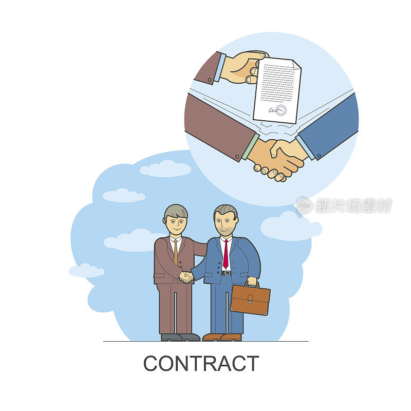 矢量插画风格平面线性设计:一个握手成交的生意，合作伙伴之间的交易