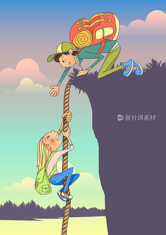 一名女游客爬上了绳子上的一块岩石，一名男子伸出手试图帮助她。