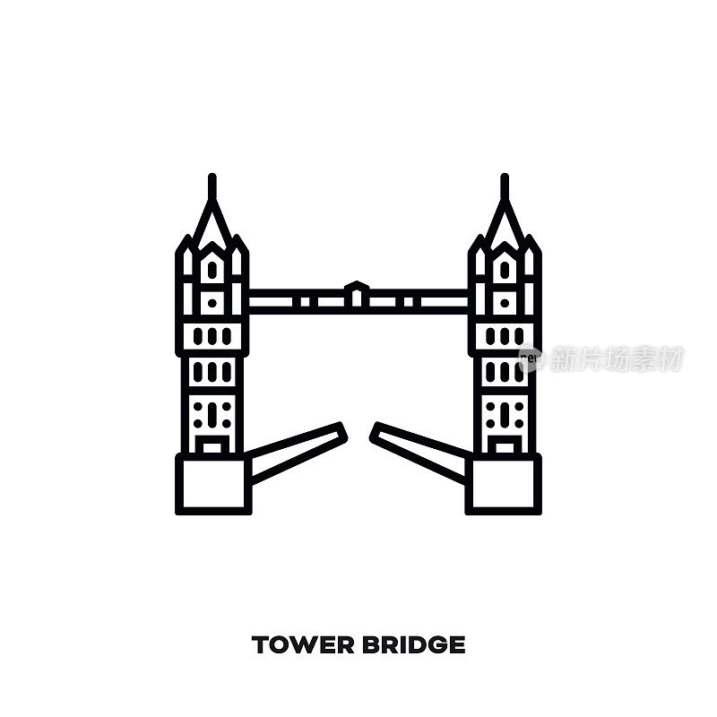 伦敦塔桥，英国，英国矢量线图标。
