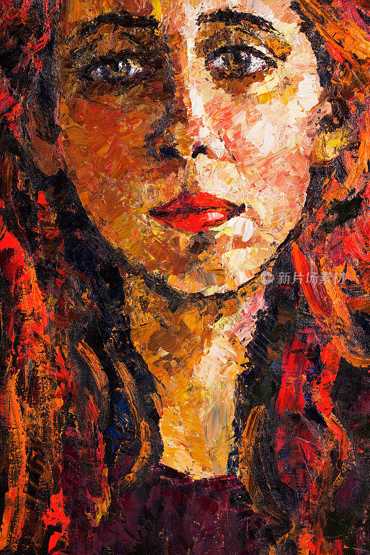 时尚的插图寓言的艺术作品我的原始油画在画布上印象主义垂直象征肖像一个年轻美丽温柔悲伤的女人与长红头发明亮的嘴唇