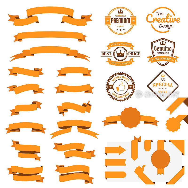一套橙色丝带，横幅，徽章，标签-设计元素在白色的背景