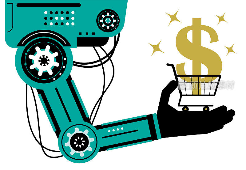 人工智能机器人(机械臂)推着一个购物车，上面有美元符号和黄金货币符号