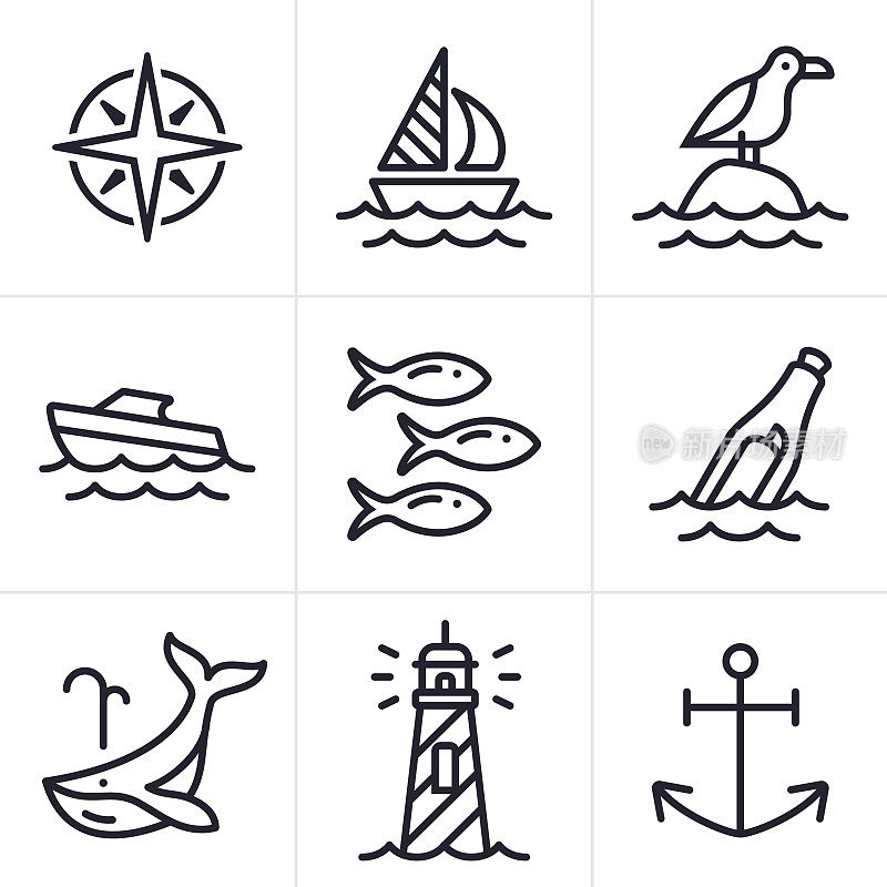 海洋海洋和航行的图标和符号