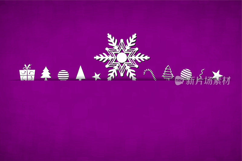 一个有创意的亮紫色圣诞背景的水平矢量插图，在中间开一条缝或剪，白色的大圣诞雪花和小的装饰品安排在上面