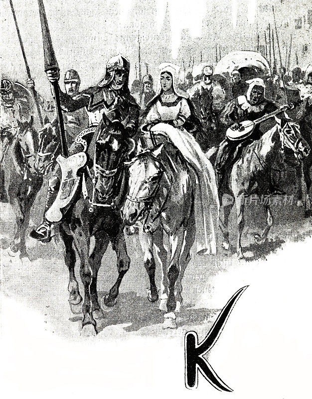 骑士和他的妻子骑在同伴前面
