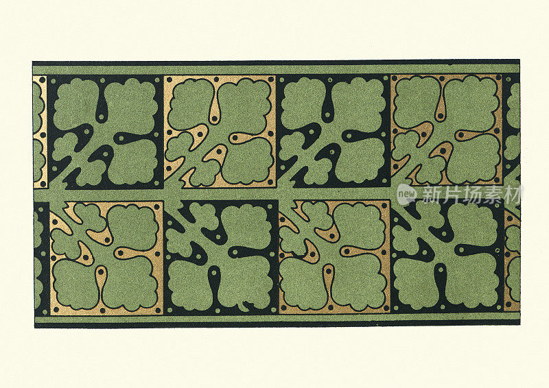 绿、金、黑的重复叶图案,花卉图案,维多利亚风格