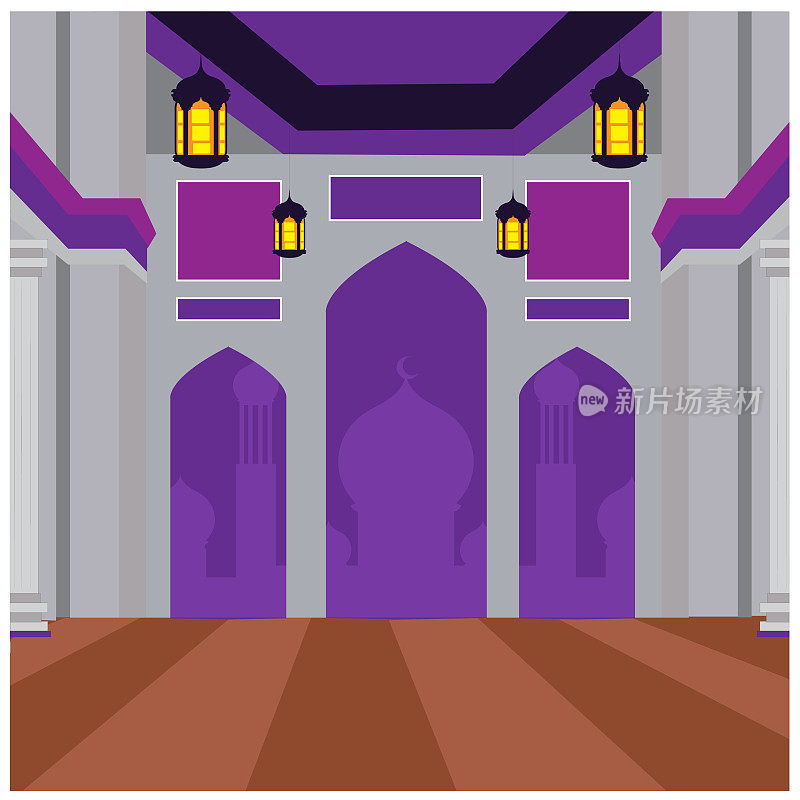 清真寺内的仪式大厅。矢量插图。