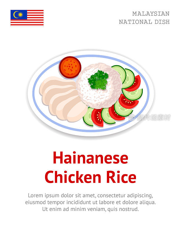 海南鸡饭。马来西亚的传统菜。从以上观点。矢量平面插图。