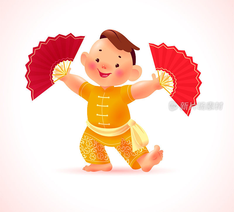 快乐的中国男孩字符在传统汉服与红色扇孤立在白色背景。