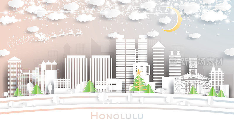 夏威夷檀香山城市天际线剪纸风格的雪花，月亮和霓虹灯花环。