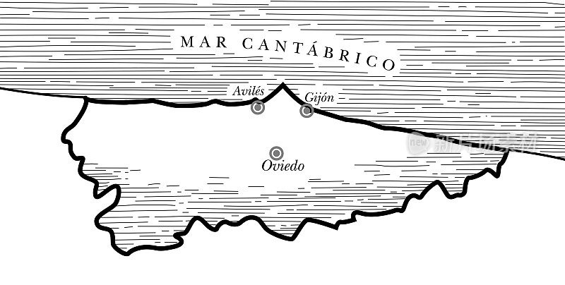 阿斯图里亚斯地区年份地图。西班牙省。