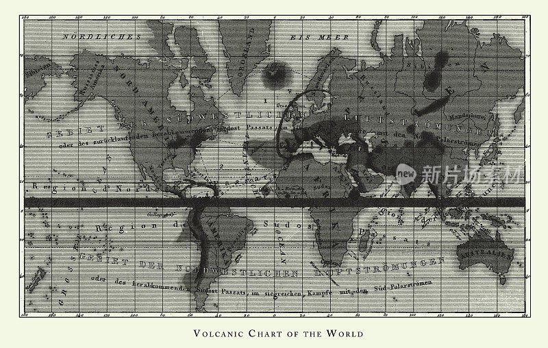 古雕、世界火山图、火山和飓风图;山概况;火山口;以及1851年出版的南极版画古董插图
