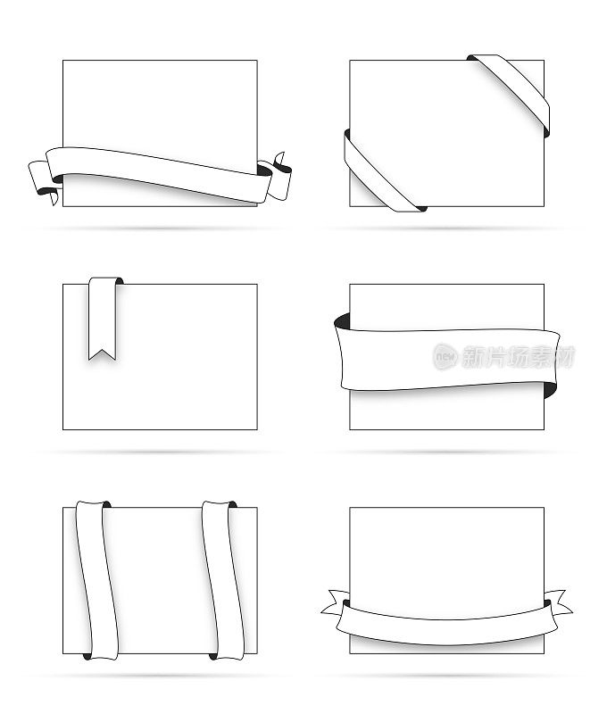 一套丝带(轮廓，线条艺术)，在空白的白色标签-设计元素