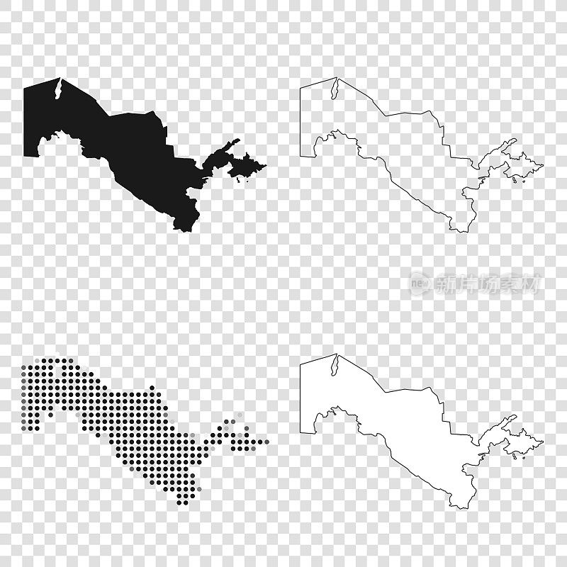 乌兹别克斯坦地图设计-黑色，轮廓，马赛克和白色
