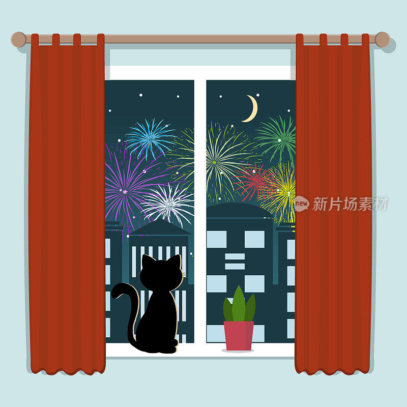 黑猫坐在窗台上看烟花，彩色矢量插画的风格，剪纸，海报，设计，装饰